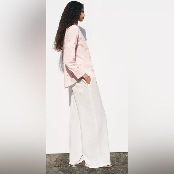 Zara Pink Cotton White Eyelet Button-Up Blouse | L | Rubberized Eyelets | NWT - Picture 4 of 13